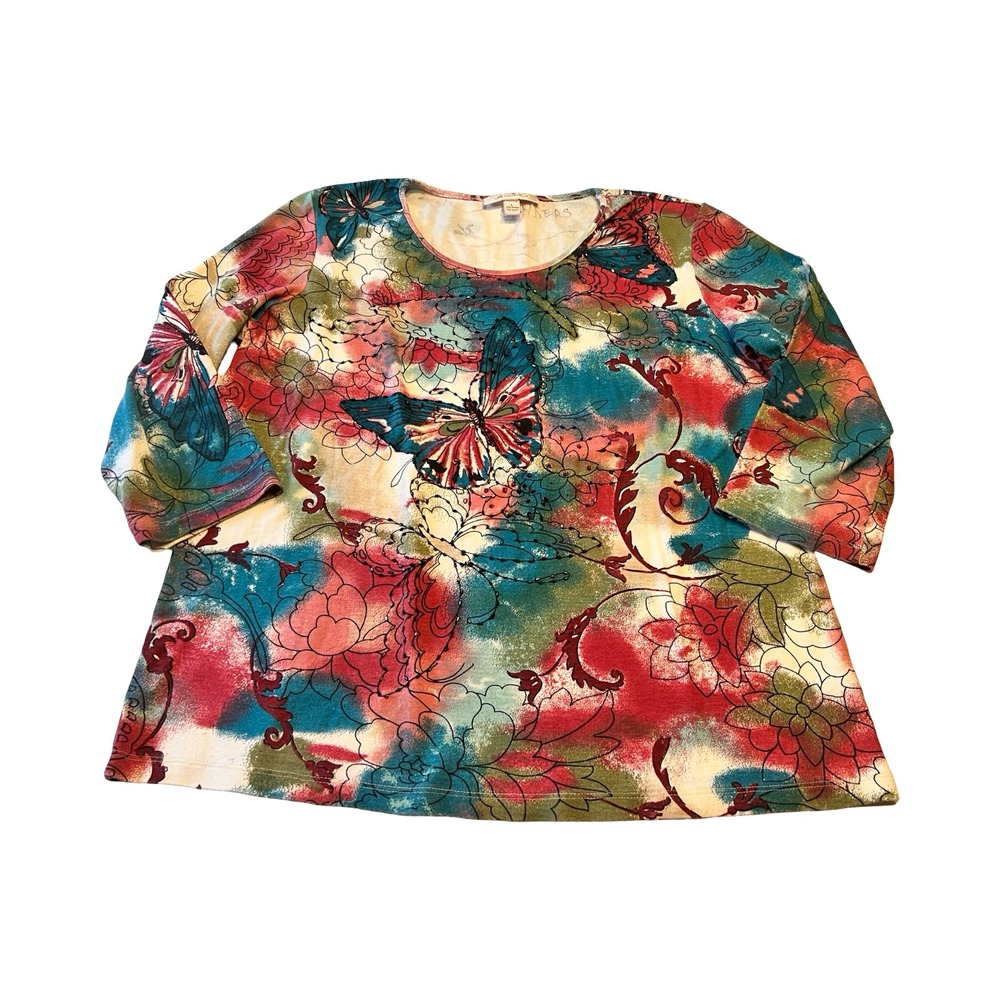 JM Collection Womens Large Butterfly Floral Beaded Cotton 3/4 Sleeve Top Y2K